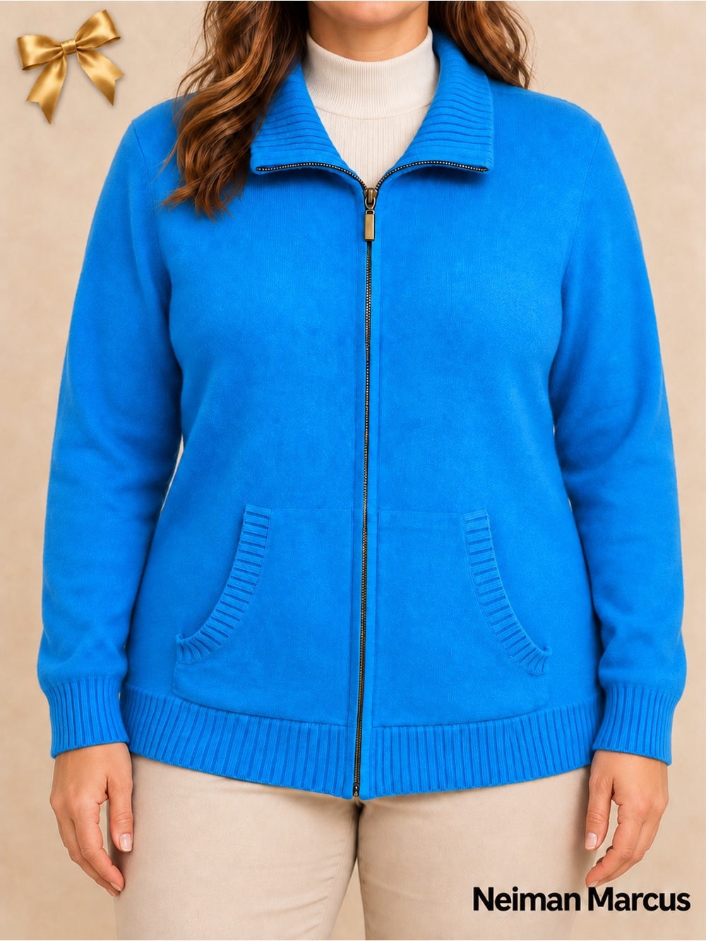 Neiman Marcus 100% Cashmere Full-Zip Cardigan Sweater Blue L